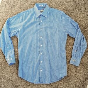 Men's Peter Millar Blue Small Check Gingham Long Sleeve Button Up Shirt Sz M